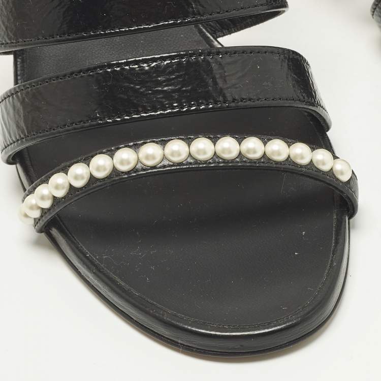 Pre Owned Chanel Size 37.5 Black Leather Pearl Embellished Ankle Strap Sandals