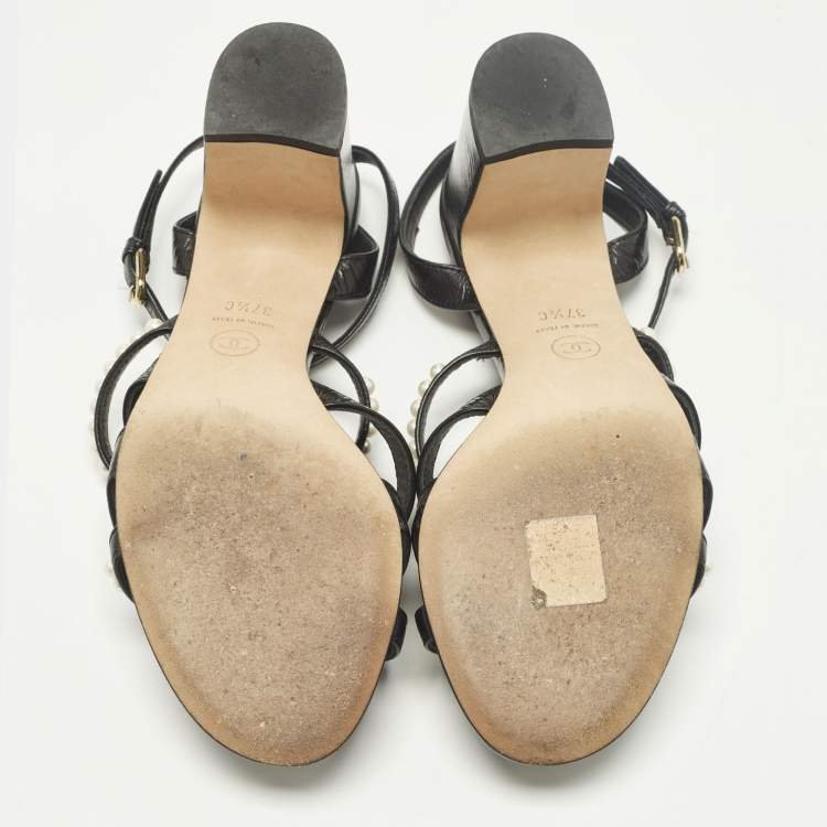 Pre Owned Chanel Size 37.5 Black Leather Pearl Embellished Ankle Strap Sandals