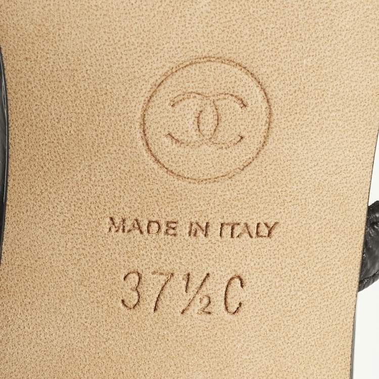 Pre Owned Chanel Size 37.5 Black Leather Pearl Embellished Ankle Strap Sandals