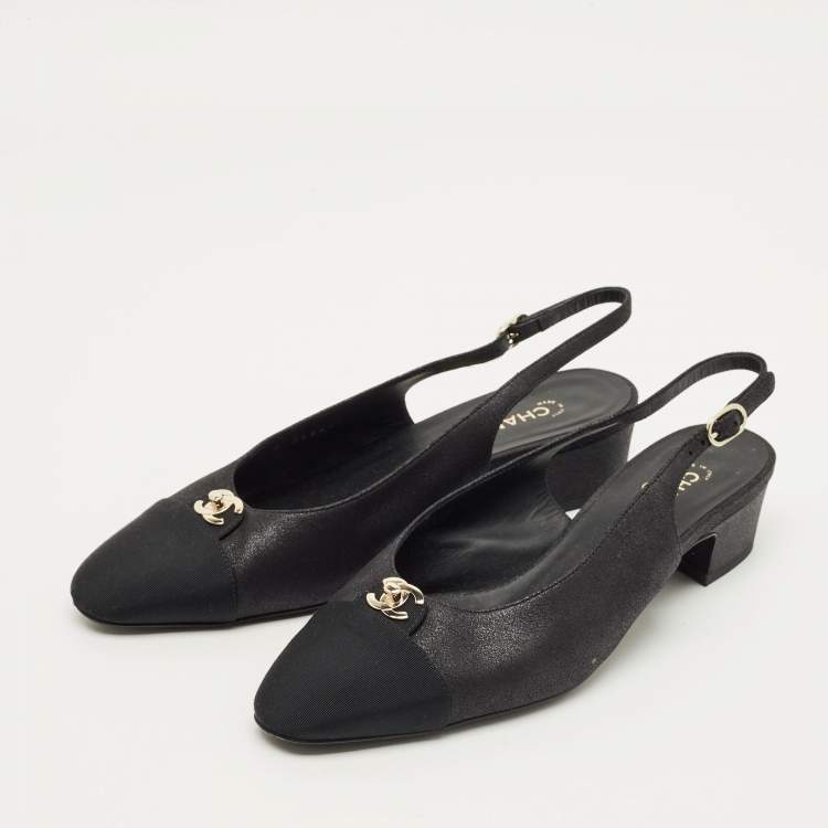 Pre Owned Chanel CC Cap Toe Size 38 Black Fabric and Nubuck Leather Slingback Pumps
