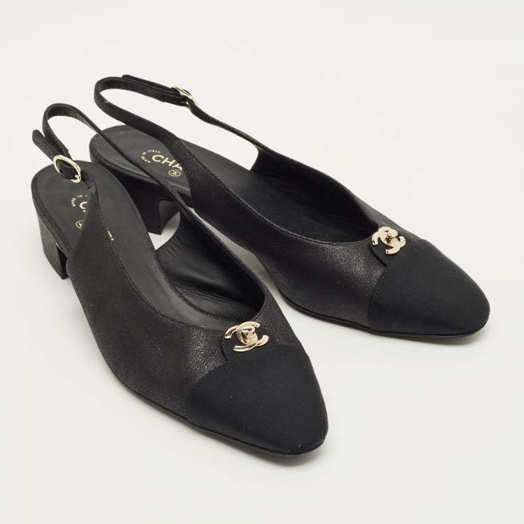 Pre Owned Chanel CC Cap Toe Size 38 Black Fabric and Nubuck Leather Slingback Pumps