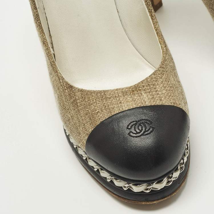 Pre Owned Chanel CC Size 39.5 Beige/Black Leather and Tweed CC Platform Pumps
