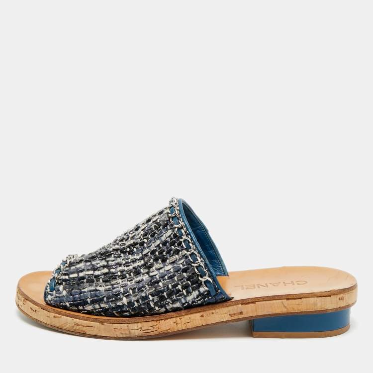 Pre Owned Chanel CC Size 40 Multicolor Tweed Cork Chain Detail Mules