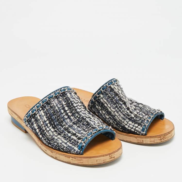 Pre Owned Chanel CC Size 40 Multicolor Tweed Cork Chain Detail Mules