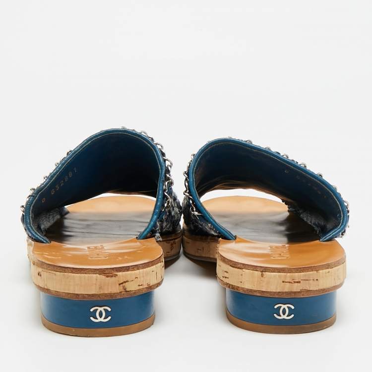 Pre Owned Chanel CC Size 40 Multicolor Tweed Cork Chain Detail Mules