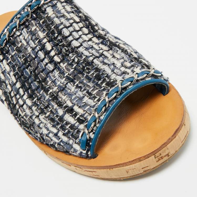 Pre Owned Chanel CC Size 40 Multicolor Tweed Cork Chain Detail Mules