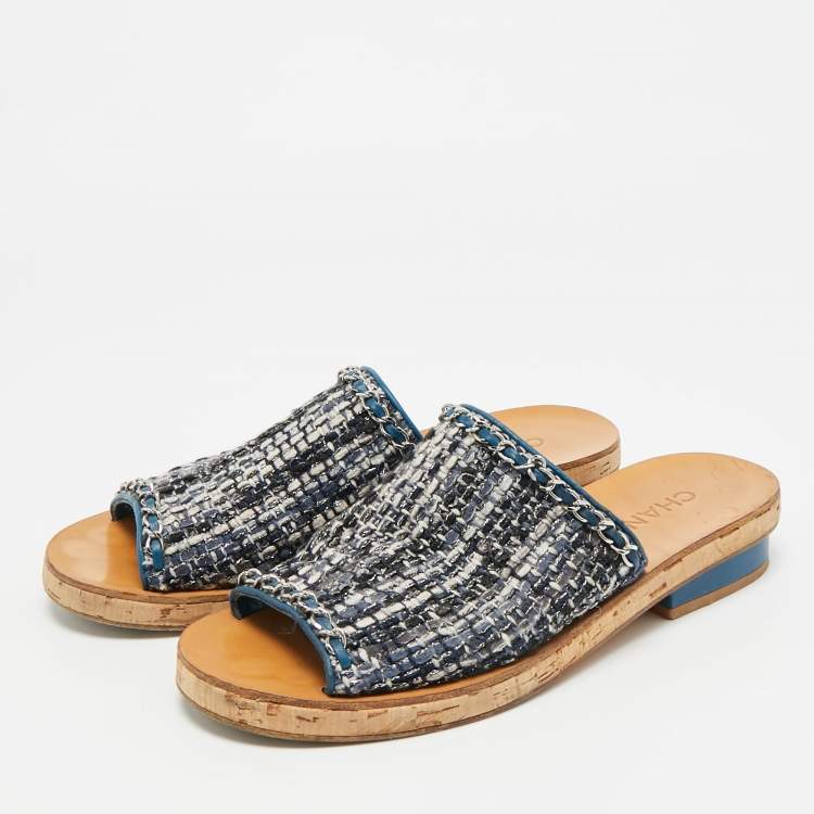 Pre Owned Chanel CC Size 40 Multicolor Tweed Cork Chain Detail Mules