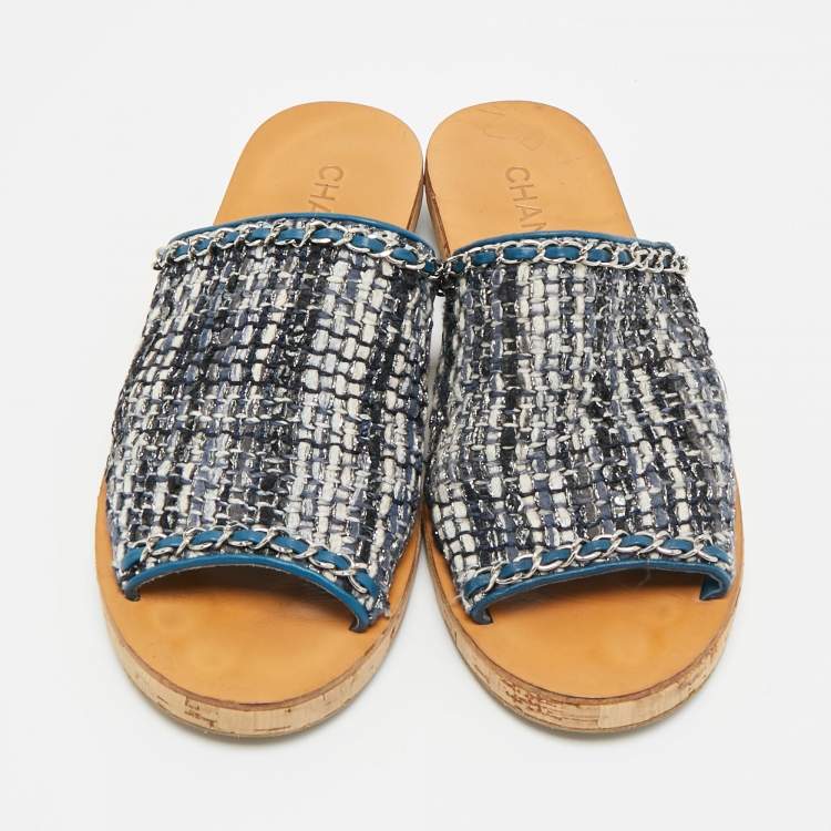 Pre Owned Chanel CC Size 40 Multicolor Tweed Cork Chain Detail Mules