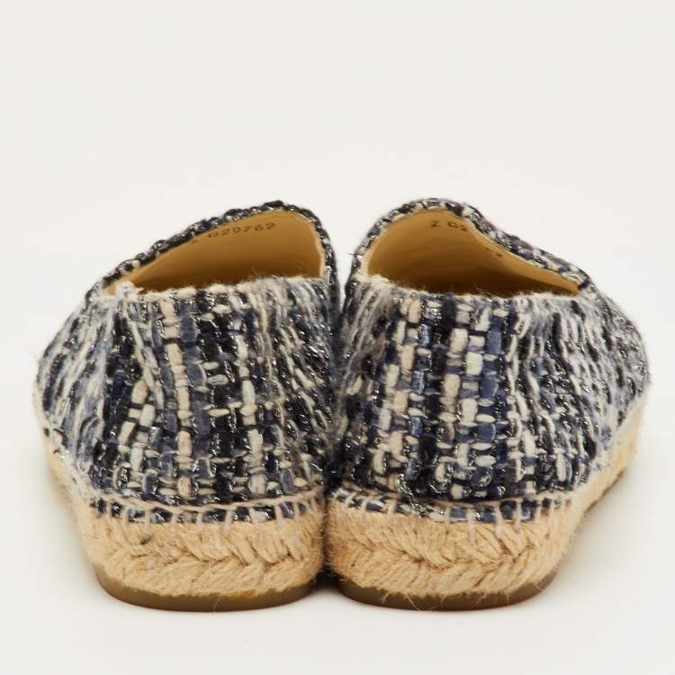 Pre Owned Chanel CC Size 39 Navy Blue/Silver Metallic Leather and Tweed Espadrille Flats