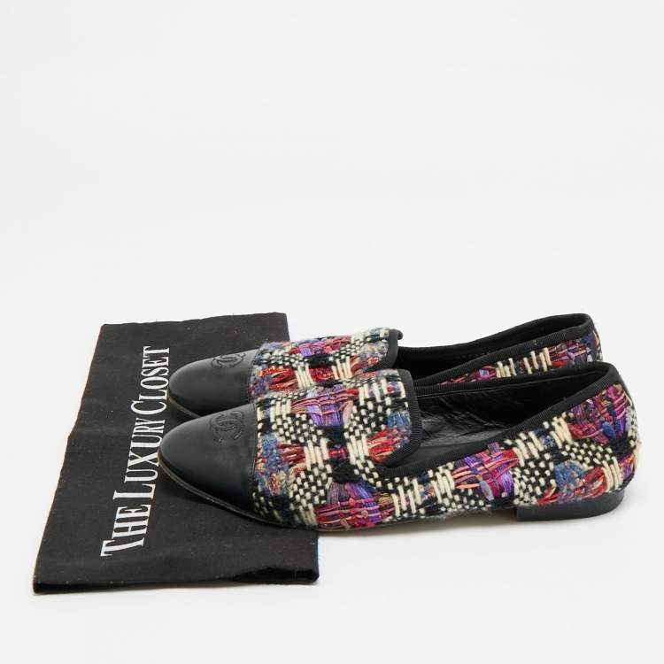 Pre Owned Chanel CC Size 40 Multicolor Leather and Tweed Cap Toe Loafers