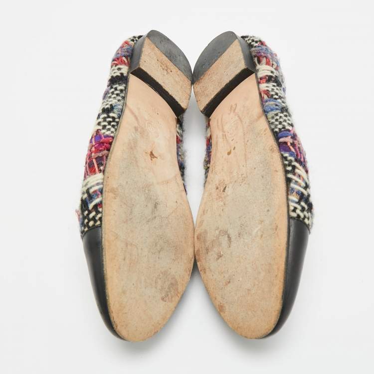 Pre Owned Chanel CC Size 40 Multicolor Leather and Tweed Cap Toe Loafers