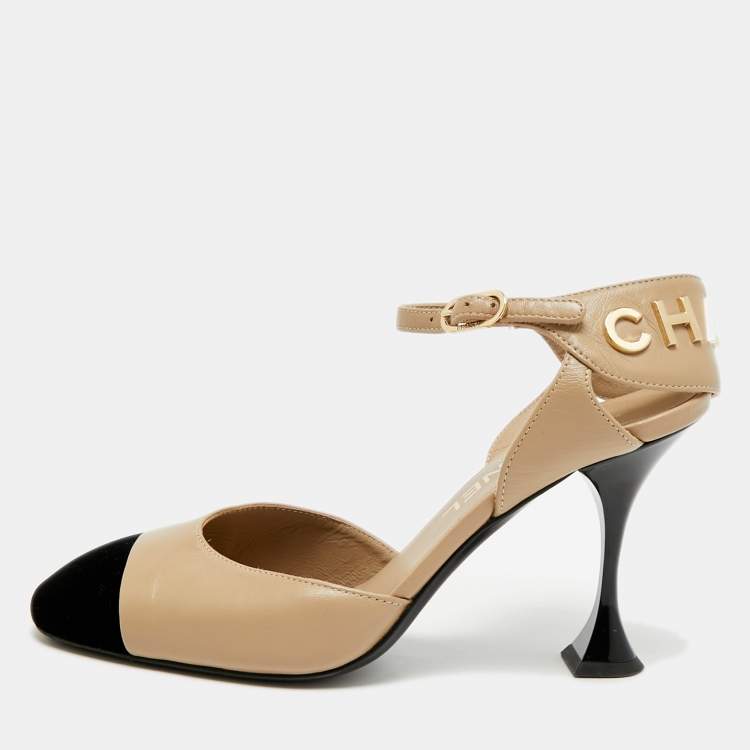 Pre Owned Chanel Size 36.5 Beige/Black Leather and Velvet Cap Toe Ankle Strap D'orsay Pumps