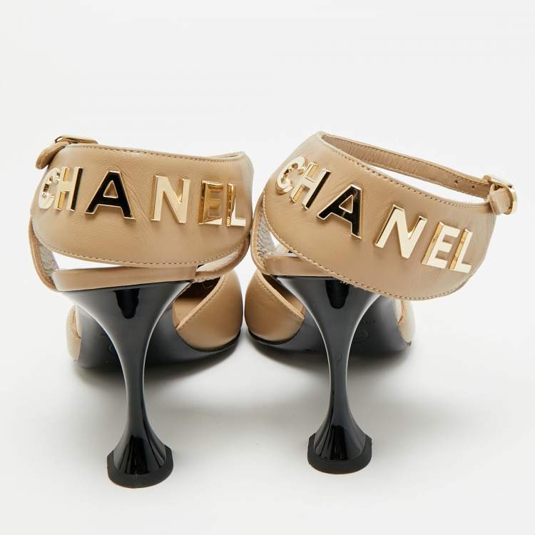 Pre Owned Chanel Size 36.5 Beige/Black Leather and Velvet Cap Toe Ankle Strap D'orsay Pumps