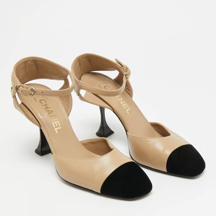 Pre Owned Chanel Size 36.5 Beige/Black Leather and Velvet Cap Toe Ankle Strap D'orsay Pumps
