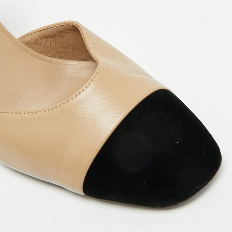 Pre Owned Chanel Size 36.5 Beige/Black Leather and Velvet Cap Toe Ankle Strap D'orsay Pumps