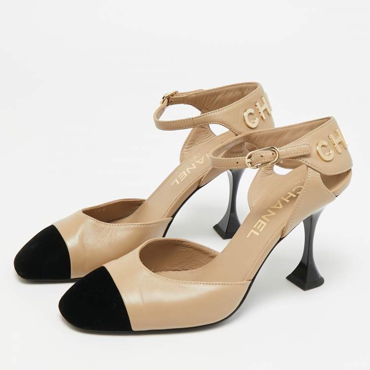 Pre Owned Chanel Size 36.5 Beige/Black Leather and Velvet Cap Toe Ankle Strap D'orsay Pumps