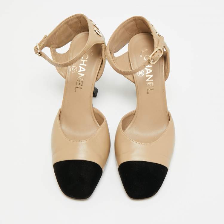 Pre Owned Chanel Size 36.5 Beige/Black Leather and Velvet Cap Toe Ankle Strap D'orsay Pumps
