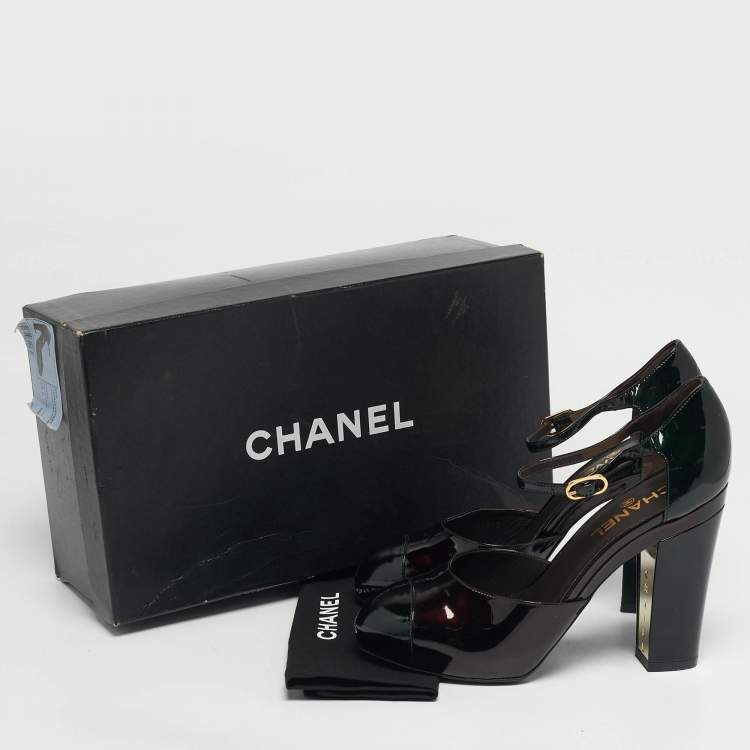 مملوكة مسبقًا Chanel Size 39.5 Dark Brown/Green Patent Leather Cap Toe Platform Pumps
