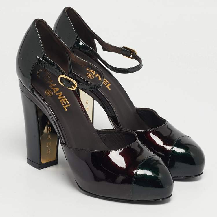 مملوكة مسبقًا Chanel Size 39.5 Dark Brown/Green Patent Leather Cap Toe Platform Pumps