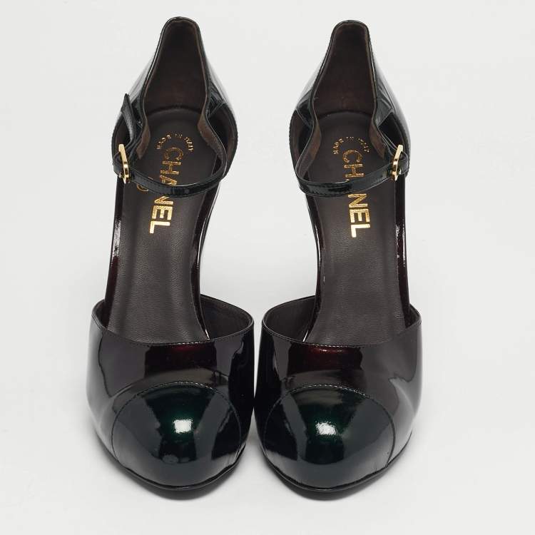 مملوكة مسبقًا Chanel Size 39.5 Dark Brown/Green Patent Leather Cap Toe Platform Pumps