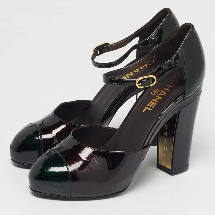 مملوكة مسبقًا Chanel Size 39.5 Dark Brown/Green Patent Leather Cap Toe Platform Pumps