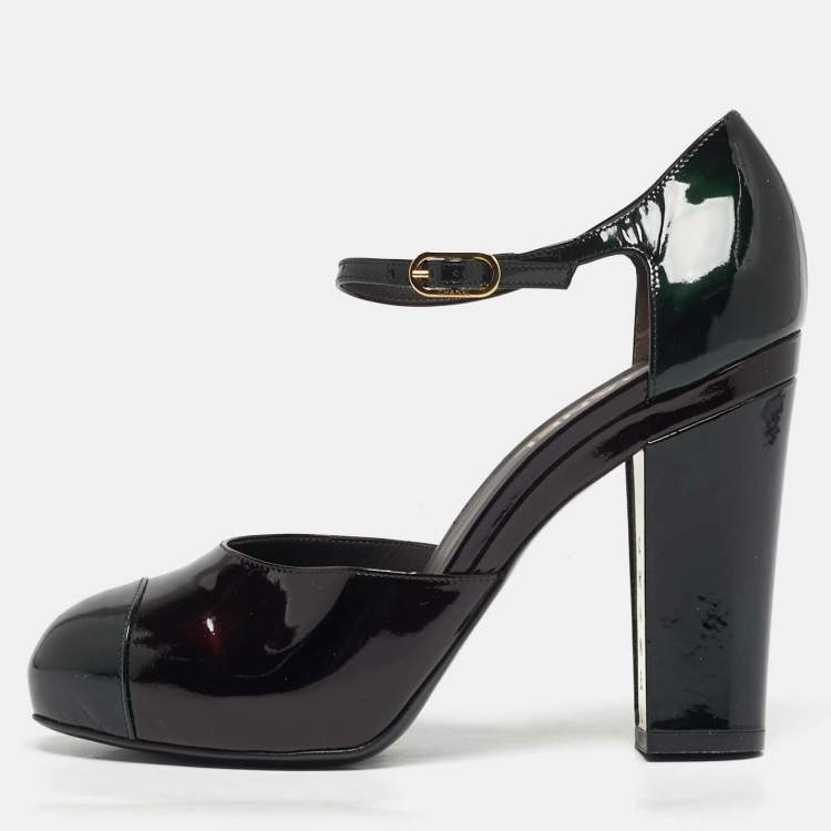 مملوكة مسبقًا Chanel Size 39.5 Dark Brown/Green Patent Leather Cap Toe Platform Pumps