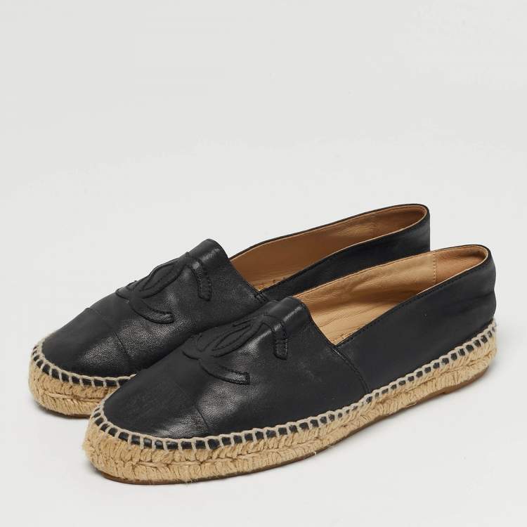 Pre Owned Chanel CC Size 37 Black Leather Espadrille Flats