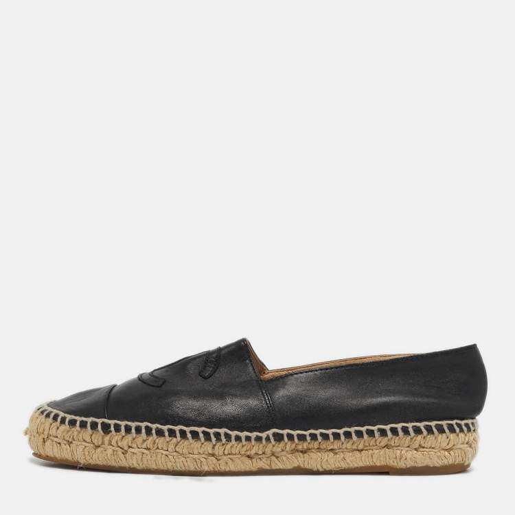 Pre Owned Chanel CC Size 37 Black Leather Espadrille Flats