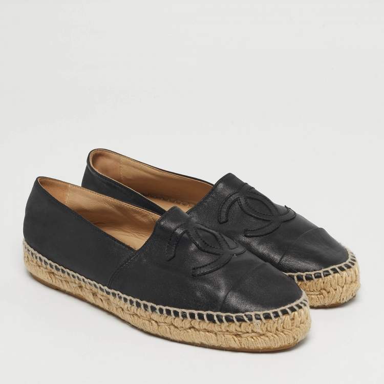Pre Owned Chanel CC Size 37 Black Leather Espadrille Flats