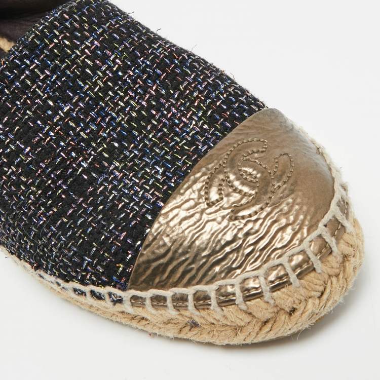 Pre Owned Chanel CC Size 36 Multicolor Foil Leather and Tweed Espadrille Flats