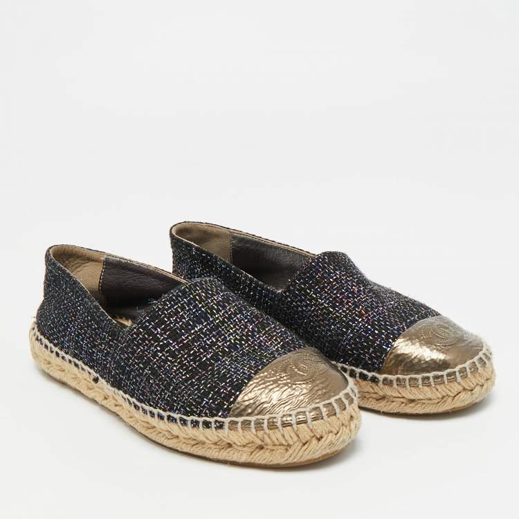Pre Owned Chanel CC Size 36 Multicolor Foil Leather and Tweed Espadrille Flats