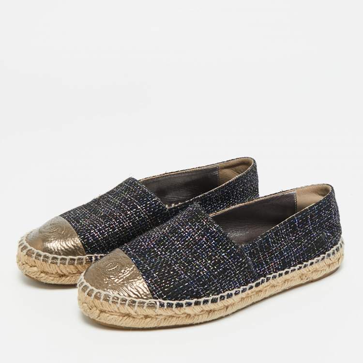 Pre Owned Chanel CC Size 36 Multicolor Foil Leather and Tweed Espadrille Flats