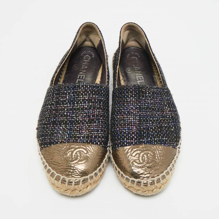 Pre Owned Chanel CC Size 36 Multicolor Foil Leather and Tweed Espadrille Flats