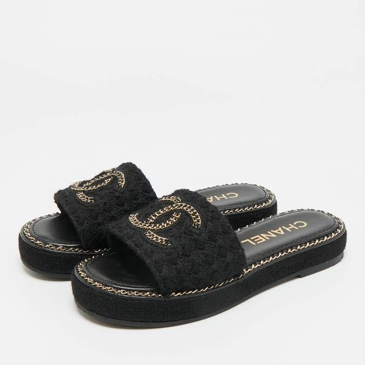 Pre Owned Chanel CC logo Size 36 Black Knit Fabric Flat Slide