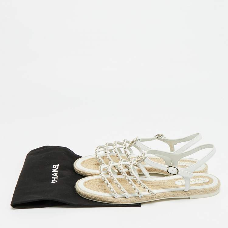 Pre Owned Chanel CC Size 41 White Leather Chain Detail Ankle Strap Flat Sandals