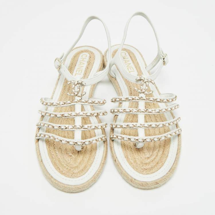 Pre Owned Chanel CC Size 41 White Leather Chain Detail Ankle Strap Flat Sandals