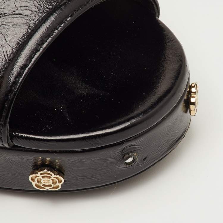 Pre Owned Chanel Camelia Embellished Size 40 Black Leather Platform Wedge Sandals