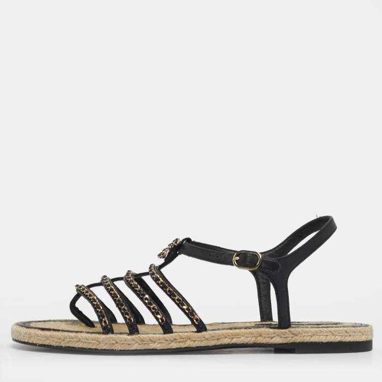 Pre Owned Chanel Size 41 Black Leather CC Chain Link Strappy Espadrille Flats