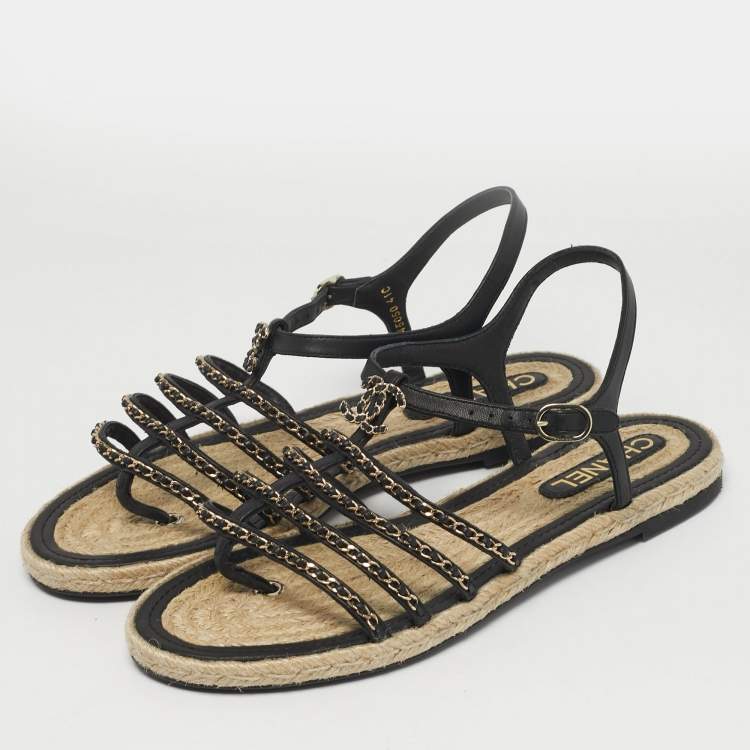 Pre Owned Chanel Size 41 Black Leather CC Chain Link Strappy Espadrille Flats