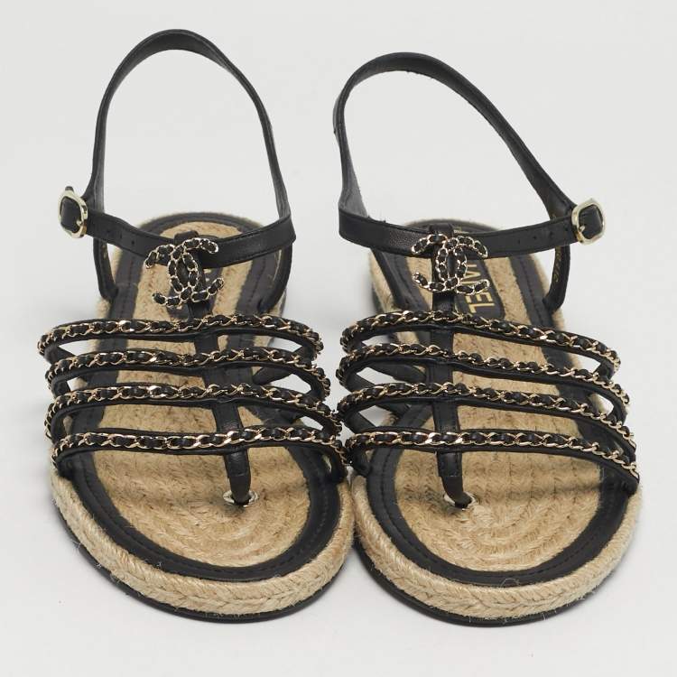 Pre Owned Chanel Size 41 Black Leather CC Chain Link Strappy Espadrille Flats