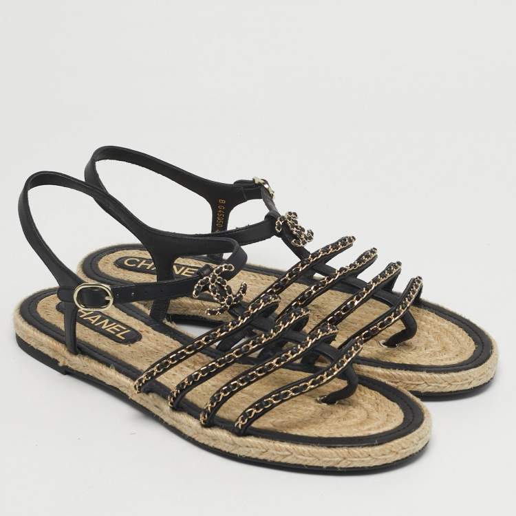 Pre Owned Chanel Size 41 Black Leather CC Chain Link Strappy Espadrille Flats