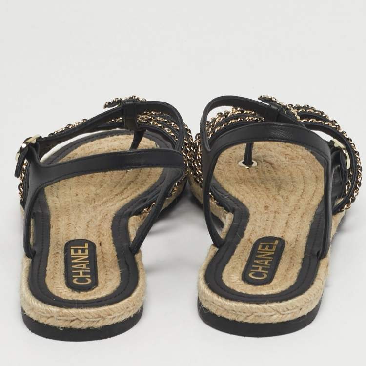 Pre Owned Chanel Size 41 Black Leather CC Chain Link Strappy Espadrille Flats