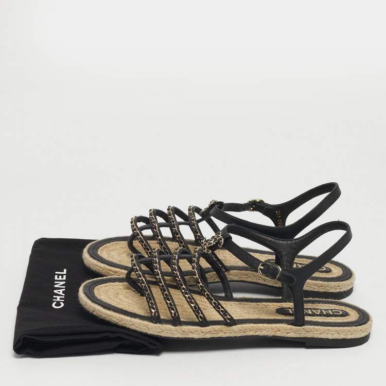 Pre Owned Chanel Size 41 Black Leather CC Chain Link Strappy Espadrille Flats
