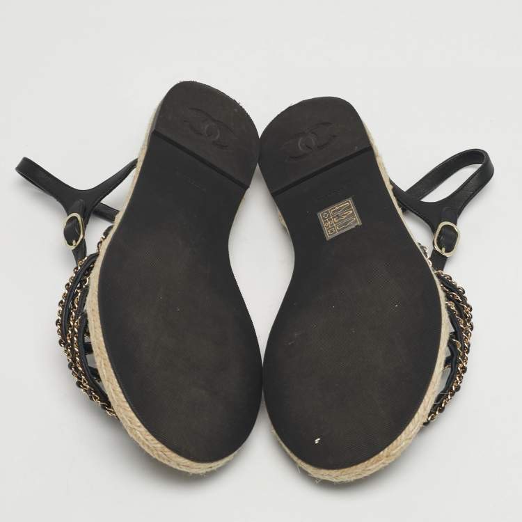 Pre Owned Chanel Size 41 Black Leather CC Chain Link Strappy Espadrille Flats