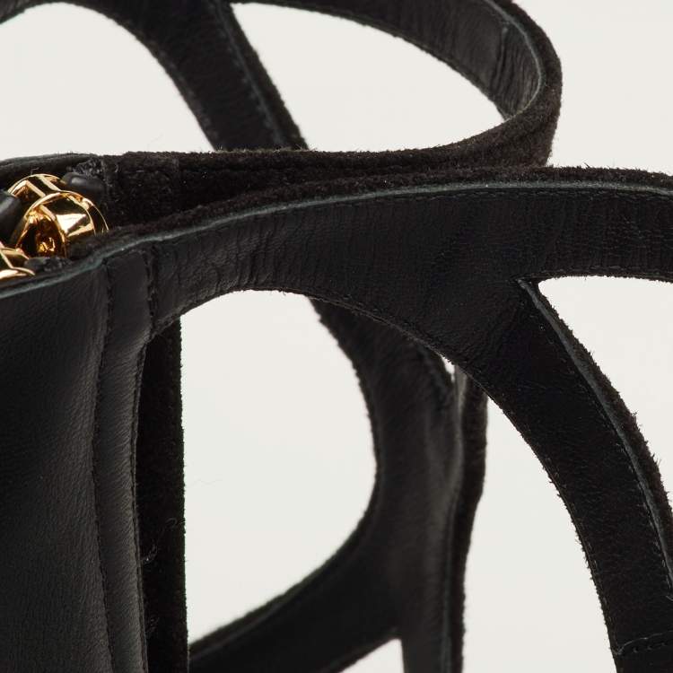 Pre Owned Chanel CC Camellia Size 38.5 Black Suede Gladiator Flat Sandals