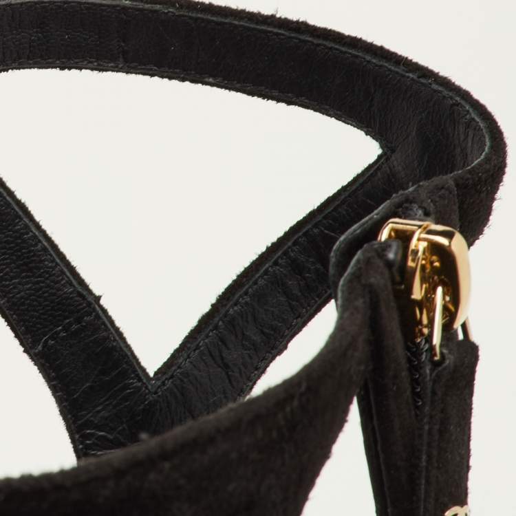 Pre Owned Chanel CC Camellia Size 38.5 Black Suede Gladiator Flat Sandals