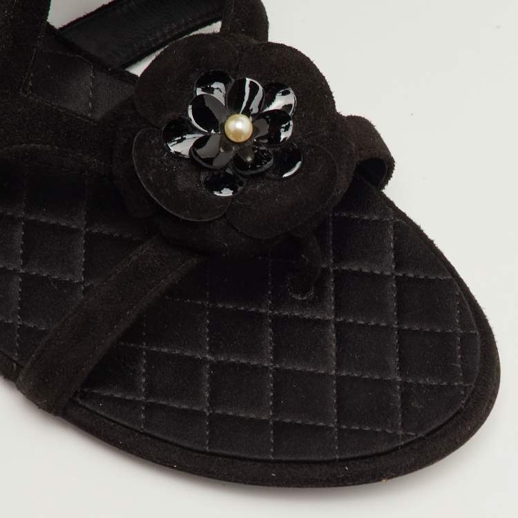 Pre Owned Chanel CC Camellia Size 38.5 Black Suede Gladiator Flat Sandals