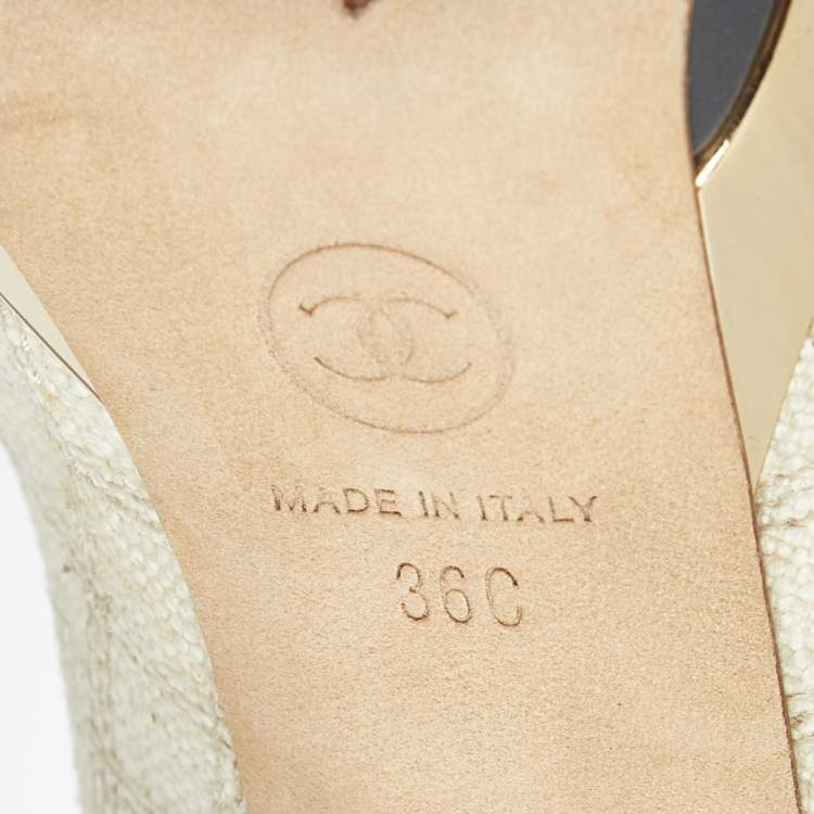 Pre Owned Chanel CC Size 36 Cream/Blue Leather and Tweed Platform Pumps