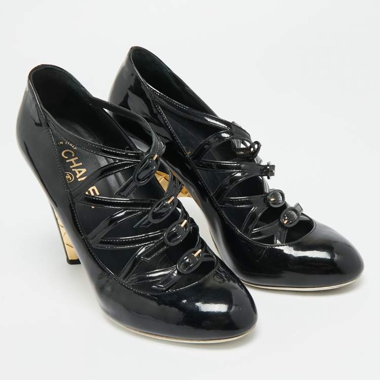 Pre Owned Chanel Size 39.5 Black Patent Leather Cage Heel Strappy Pumps