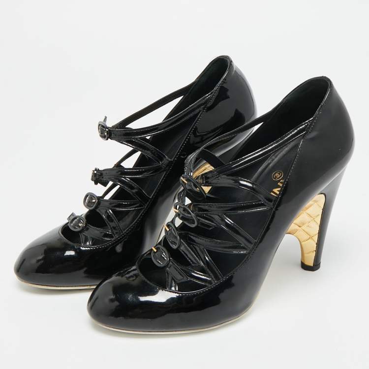 Pre Owned Chanel Size 39.5 Black Patent Leather Cage Heel Strappy Pumps